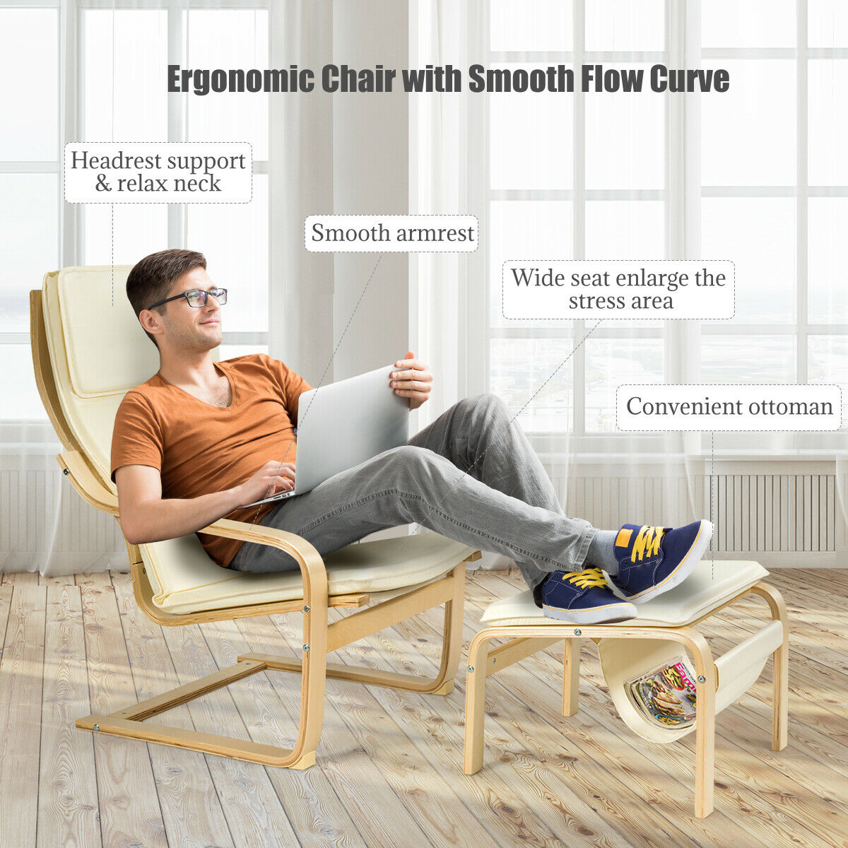 Wooden Lounge Chair with Footstool and Removable Cushion-White