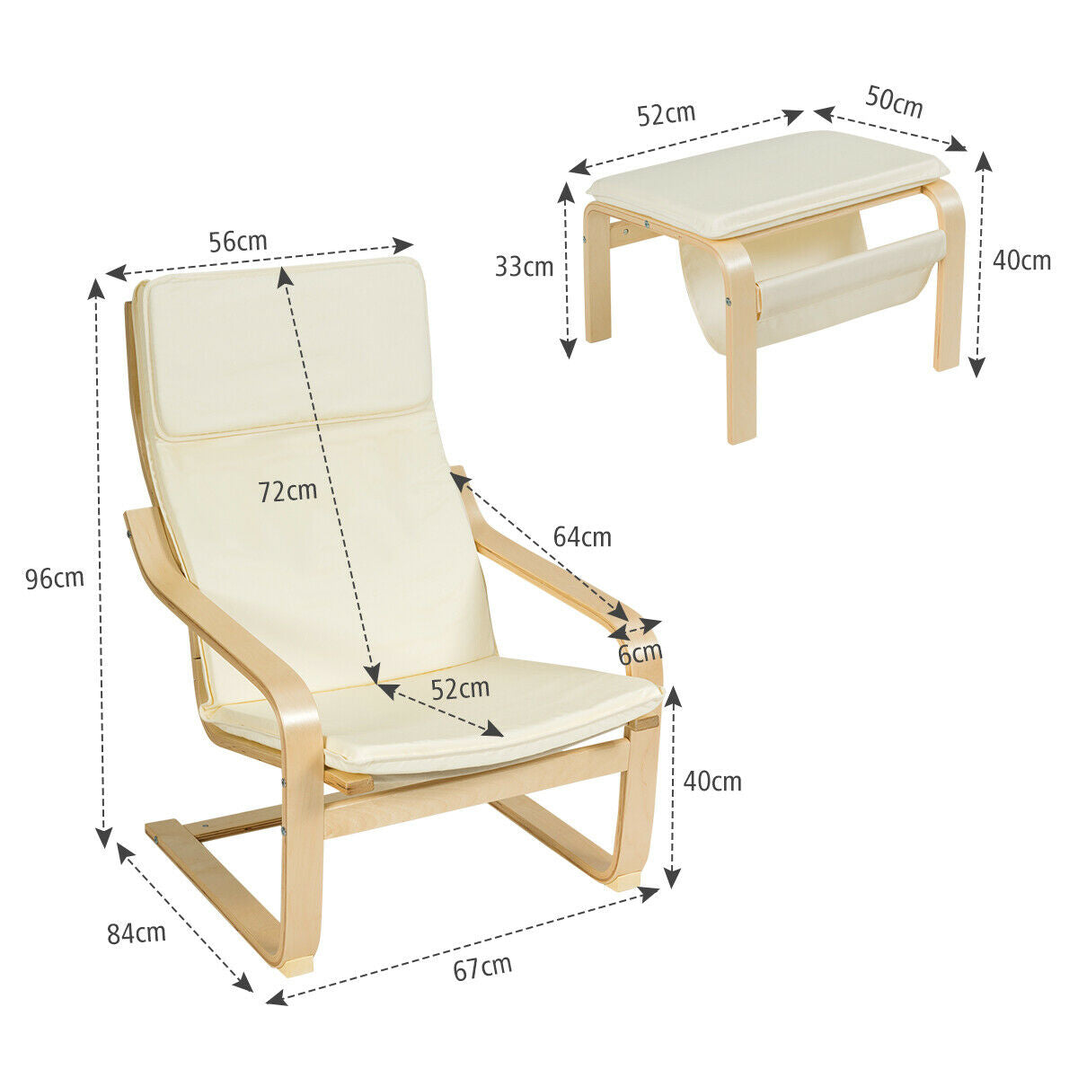 Wooden Lounge Chair with Footstool and Removable Cushion-White