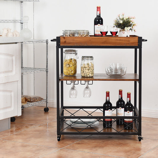 Mobile Kitchen Trolley Cart with Removable Tray and Glass Holder