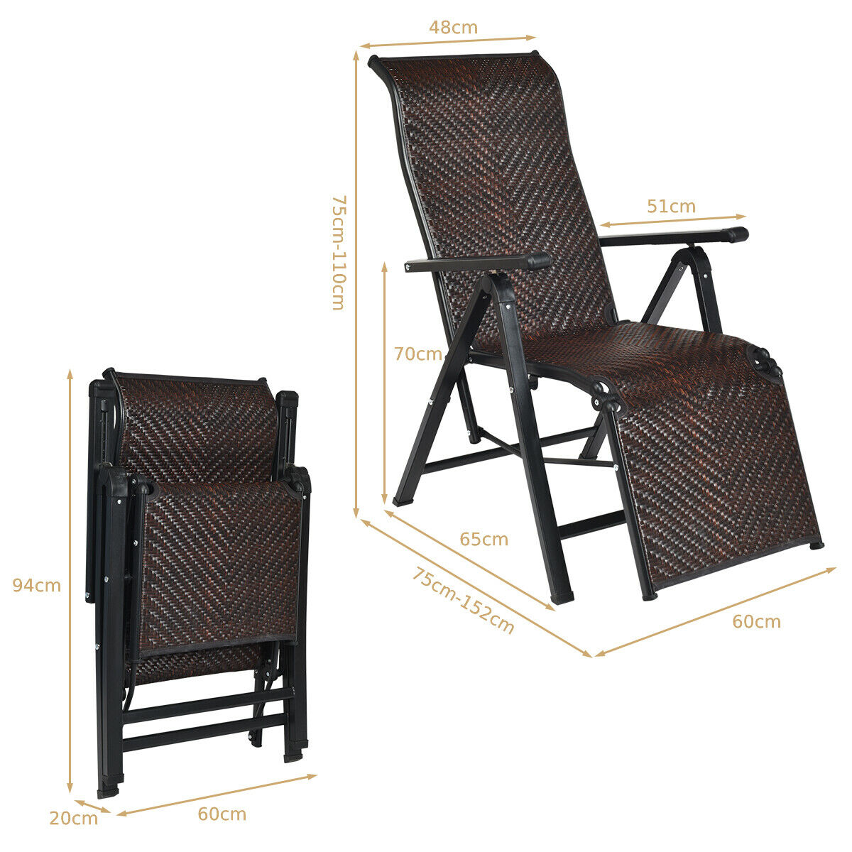 2 Pieces Folding Reclining Rattan Chair with High Backrest