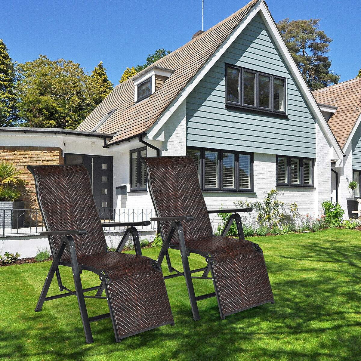 2 Pieces Folding Reclining Rattan Chair with High Backrest