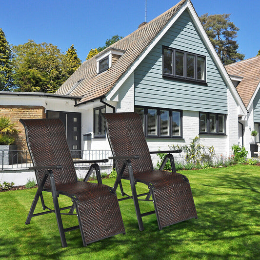 2 Pieces Folding Reclining Rattan Chair with High Backrest