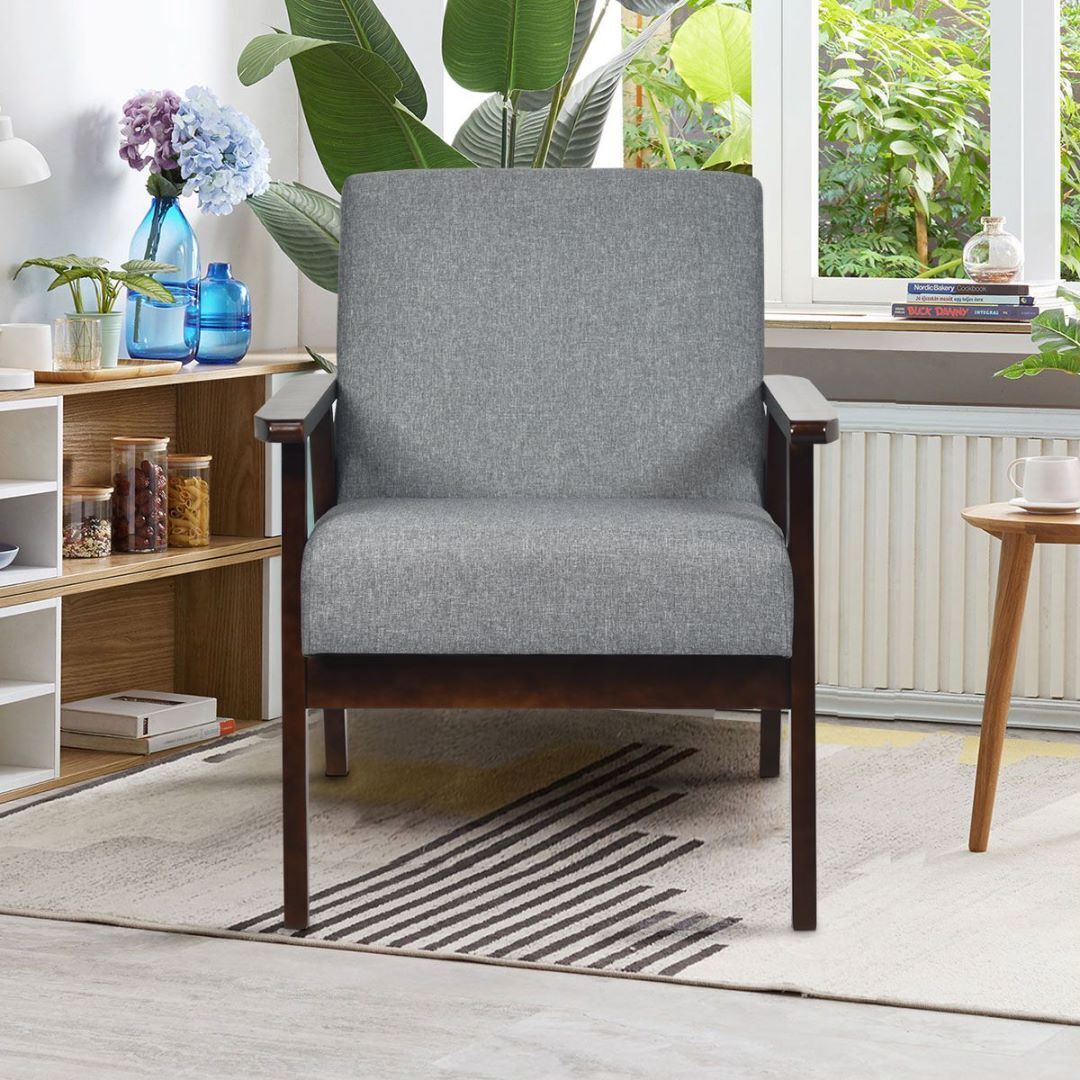 Modern Upholstered Linen Fabric Accent Sofa Chair with Wooden Armrest-Grey