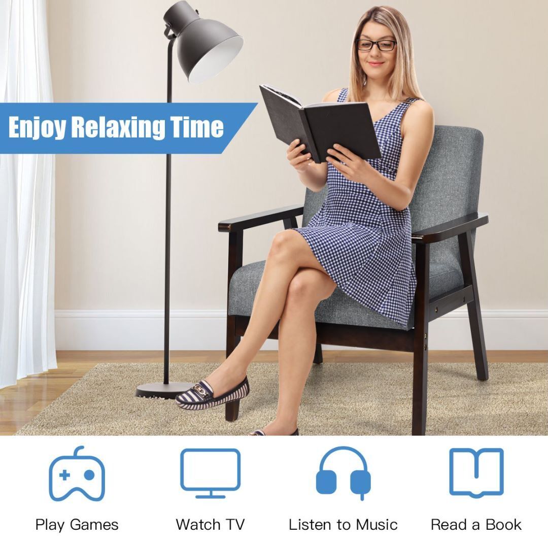 Modern Upholstered Linen Fabric Accent Sofa Chair with Wooden Armrest-Grey