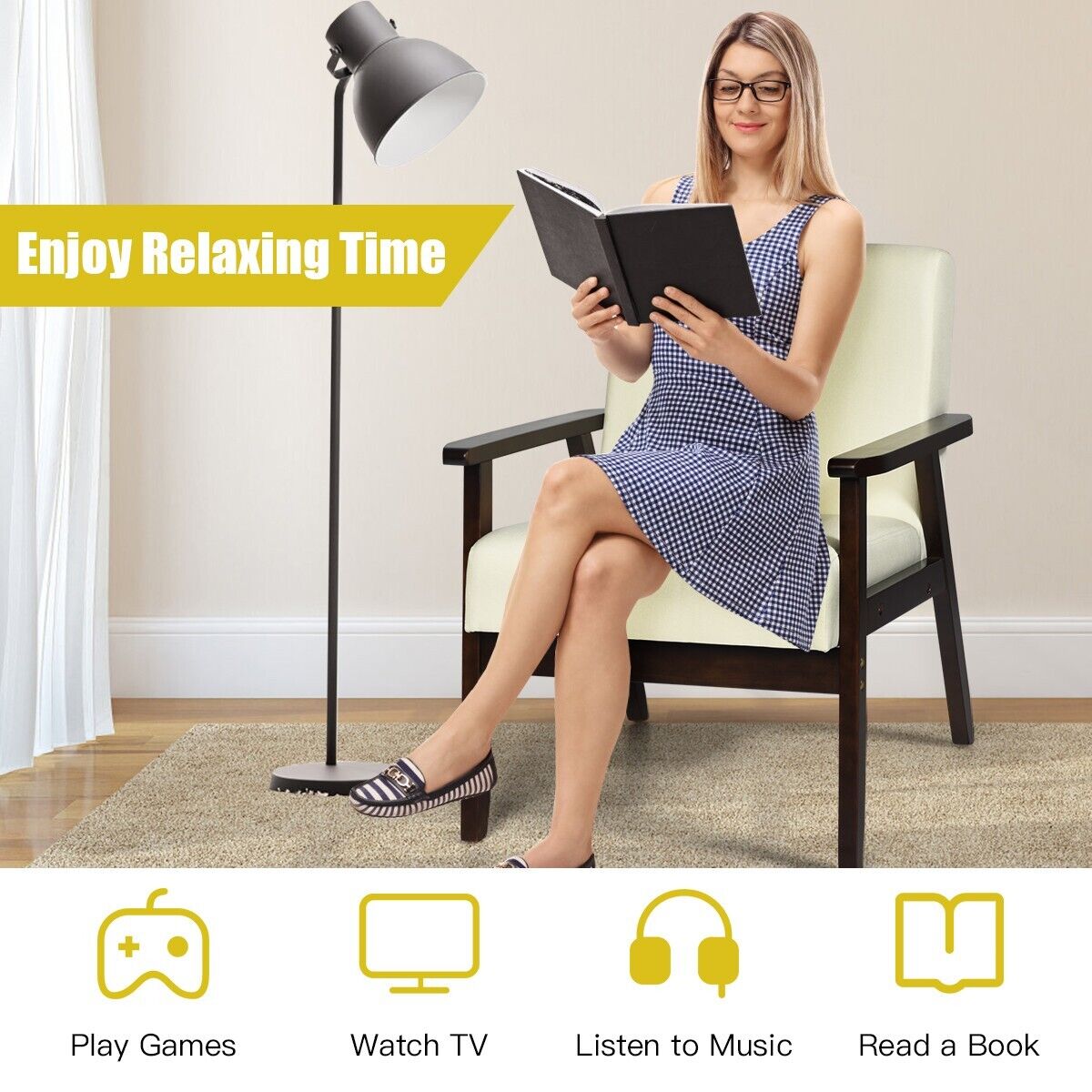 Modern Upholstered Linen Fabric Accent Sofa Chair with Wooden Armrest-Beige