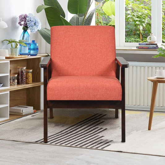 Modern Upholstered Linen Fabric Accent Sofa Chair with Wooden Armrest-Orange