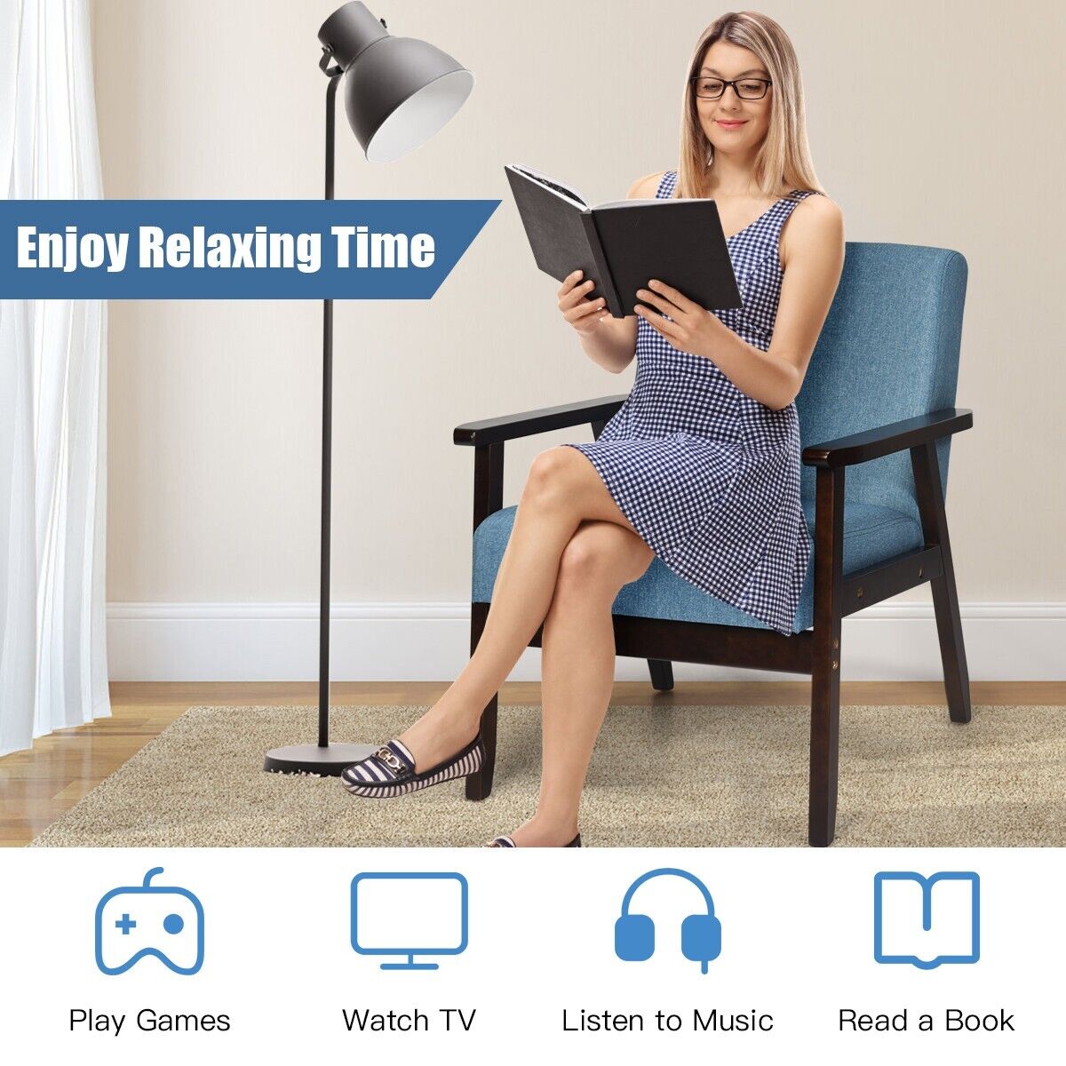 Modern Upholstered Linen Fabric Accent Sofa Chair with Wooden Armrest-Blue