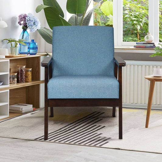 Modern Upholstered Linen Fabric Accent Sofa Chair with Wooden Armrest-Blue