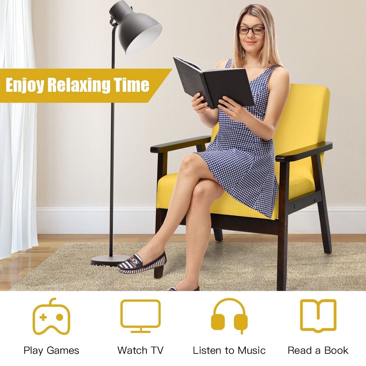 Modern Upholstered Linen Fabric Accent Sofa Chair with Wooden Armrest-Yellow