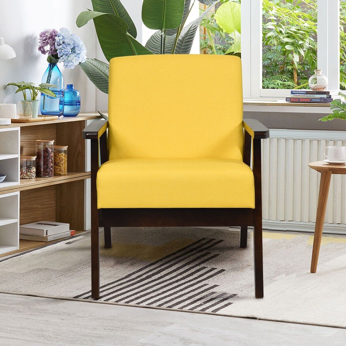 Modern Upholstered Linen Fabric Accent Sofa Chair with Wooden Armrest-Yellow