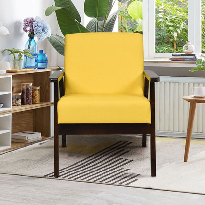 Modern Upholstered Linen Fabric Accent Sofa Chair with Wooden Armrest-Yellow