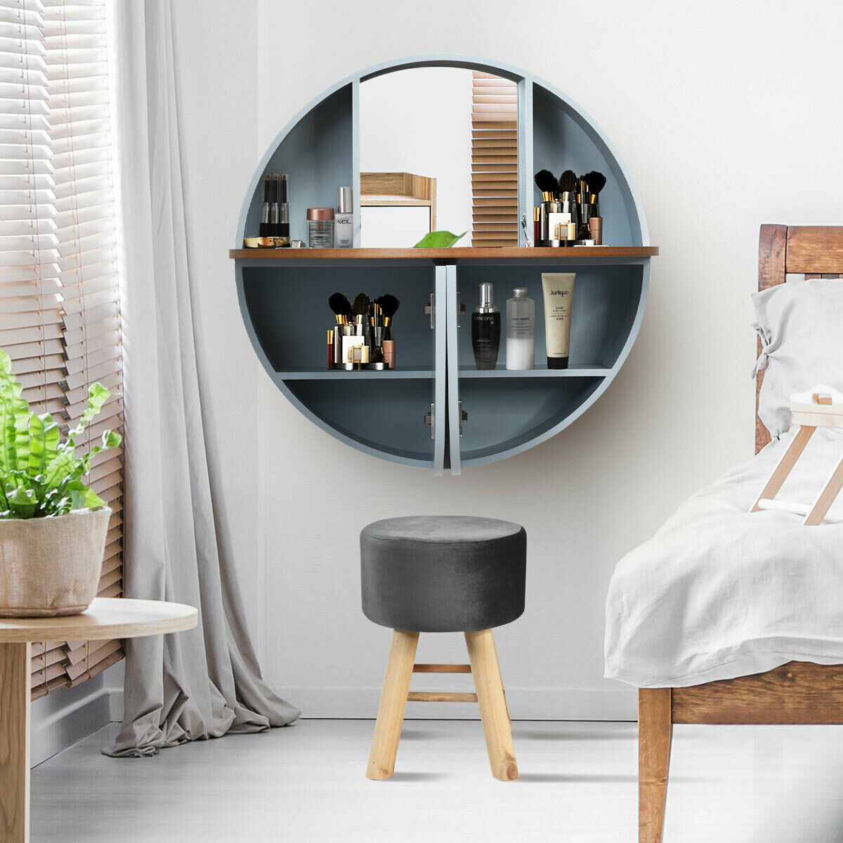Wall Mounted Dressing Table Set with Mirror and Table Stool-Grey