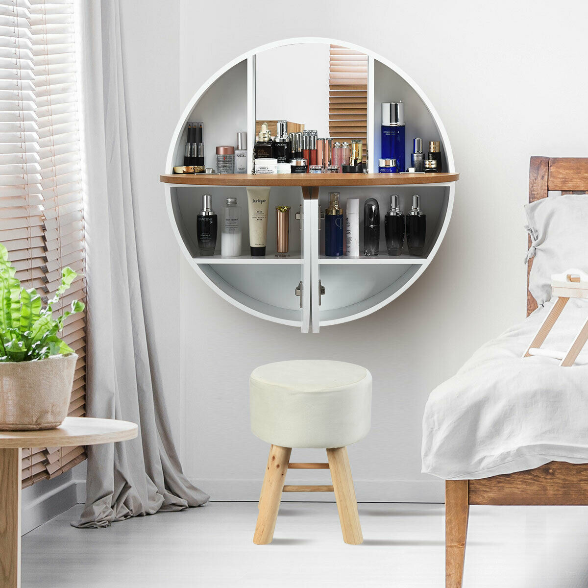 Wall Mounted Dressing Table Set with Mirror and Table Stool-White