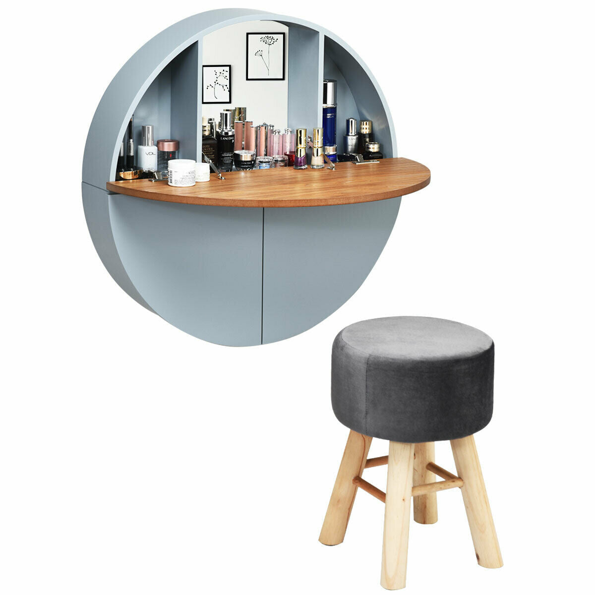 Wall Mounted Dressing Table Set with Mirror and Table Stool-Grey