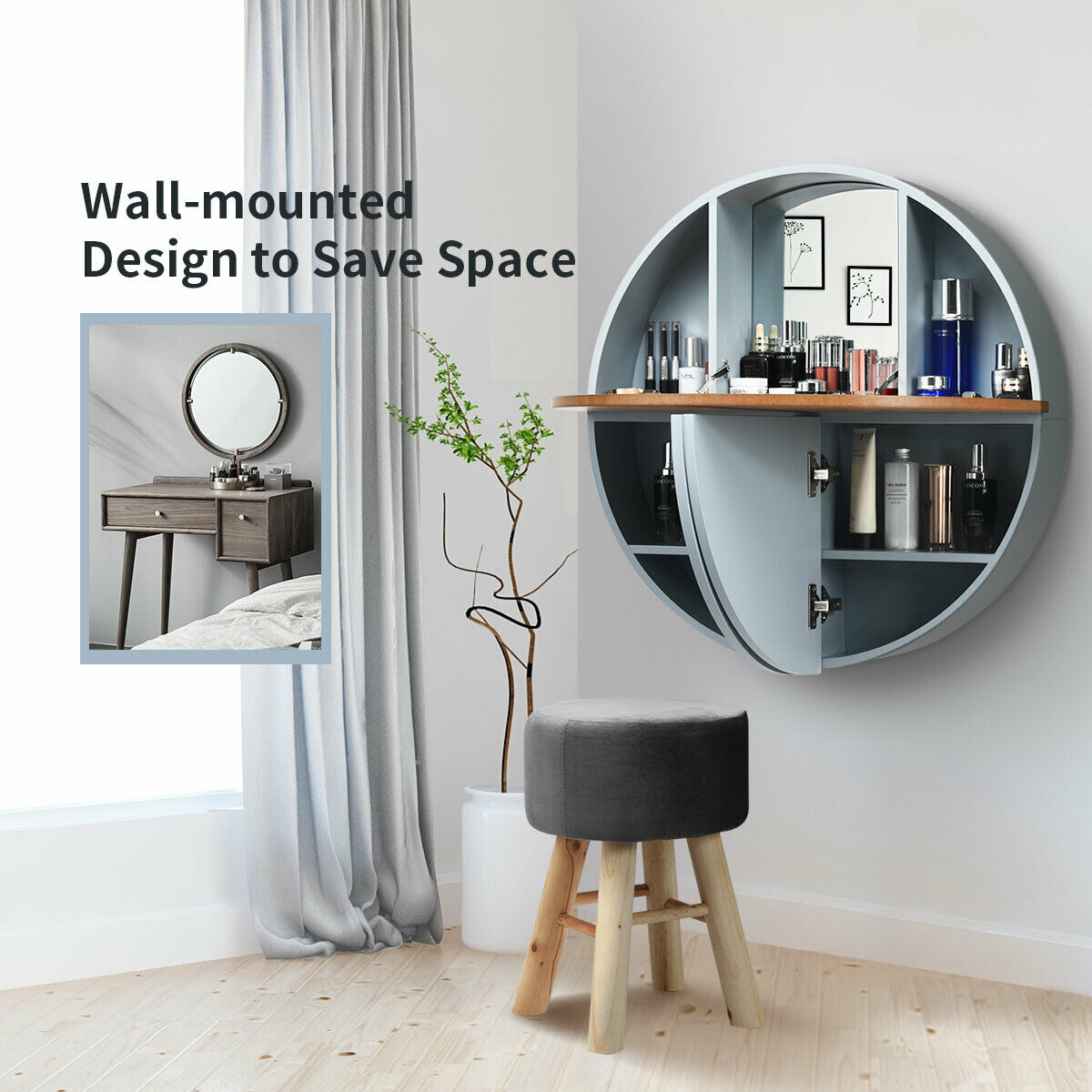 Wall Mounted Dressing Table Set with Mirror and Table Stool-Grey