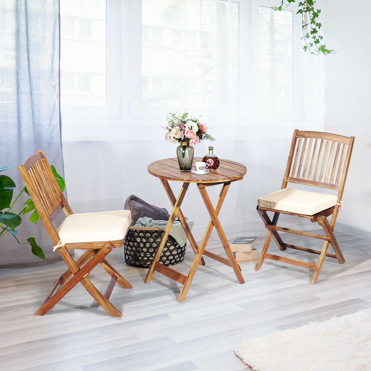 3 Piece Folding Bistro Set with Cushions for Patio-Beige