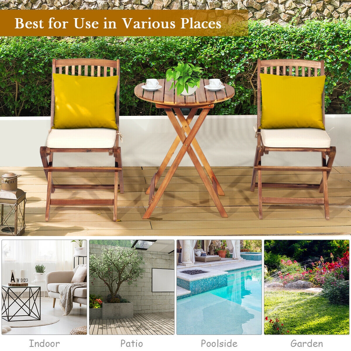 3 Piece Folding Bistro Set with Cushions for Patio-Beige