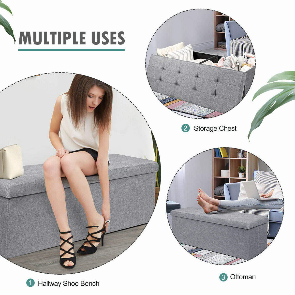 Folding Storage Ottoman Bench with Lid for Hallway-Silver