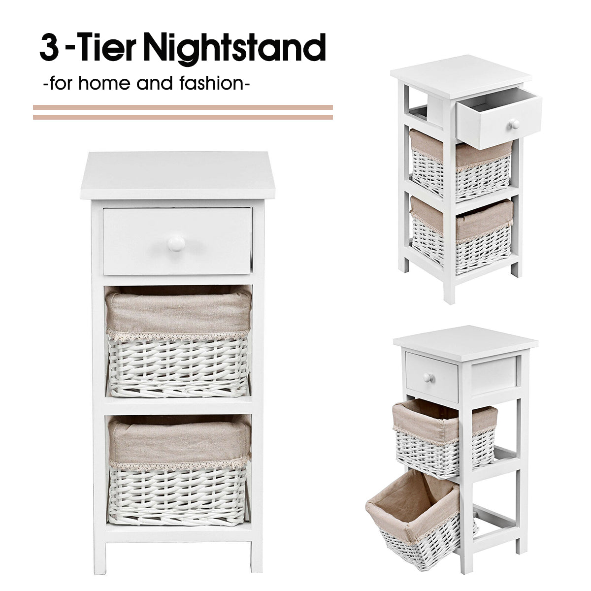 Bedside Table Made of Paulownia Wood in Country House Style-White-2 Pieces