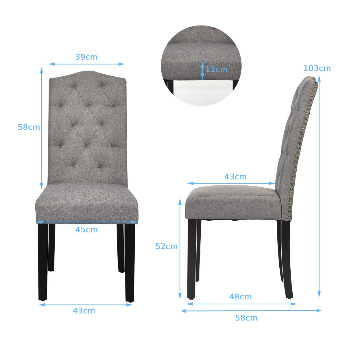 Set of 2 Dining Chairs with Ergonomic High Backrest-Grey