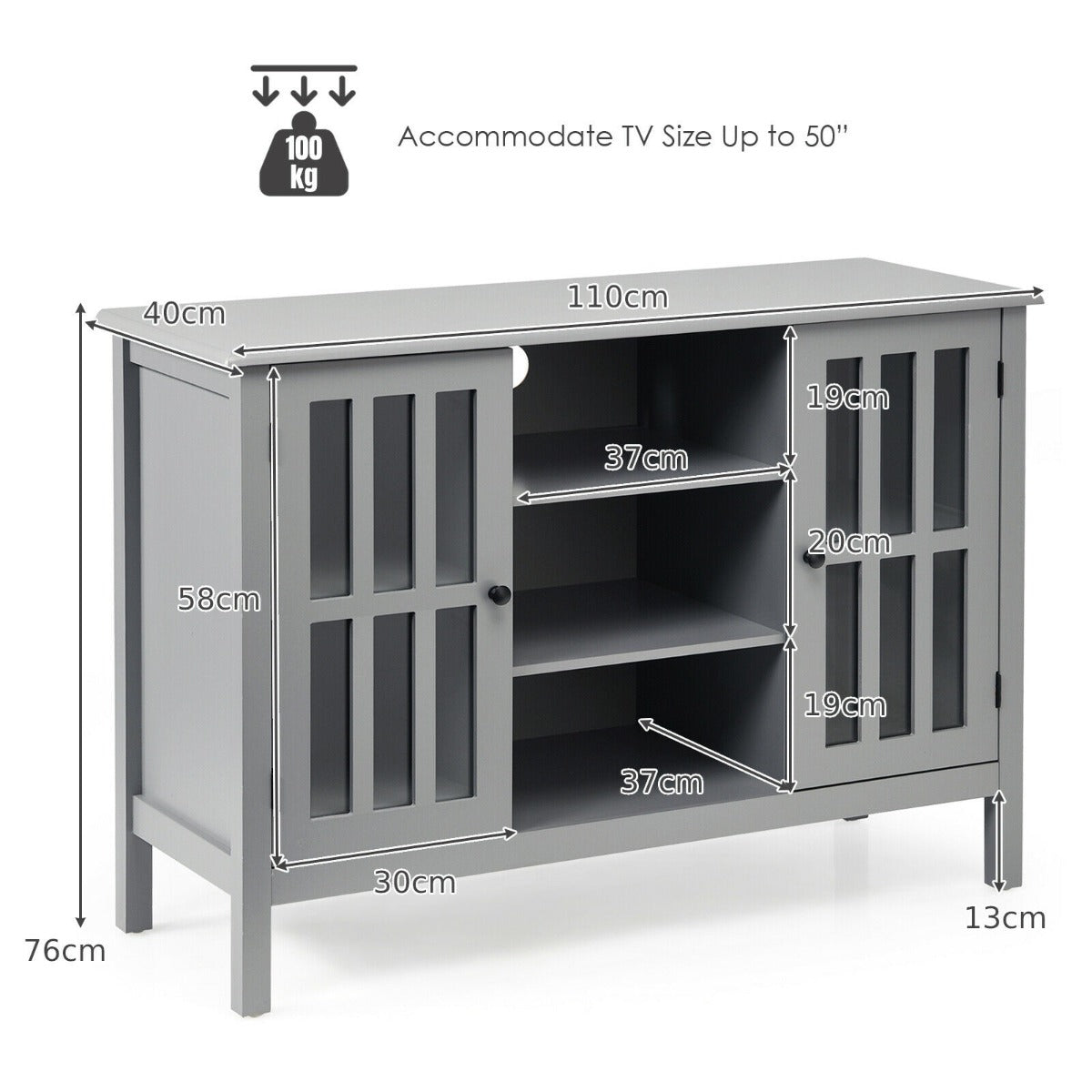 Wooden TV Stand Cabinet with Doors and Storage Shelves-Grey