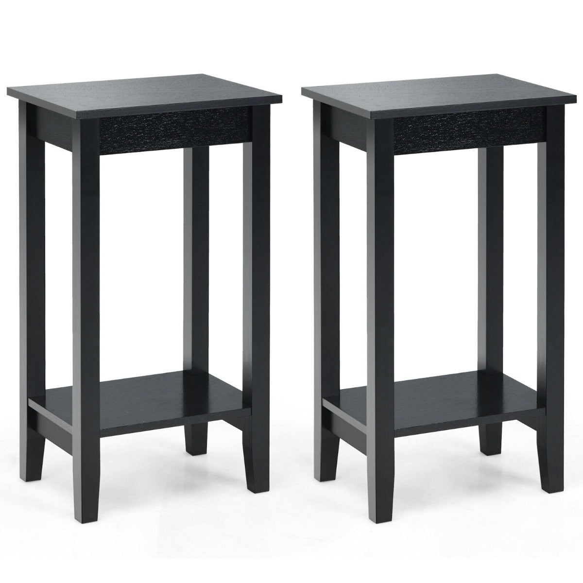 2 Piece Versatile Wooden Narrow End Table with 2-Tier Storage Shelves-Black