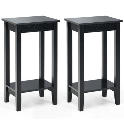 2 Piece Versatile Wooden Narrow End Table with 2-Tier Storage Shelves-Black