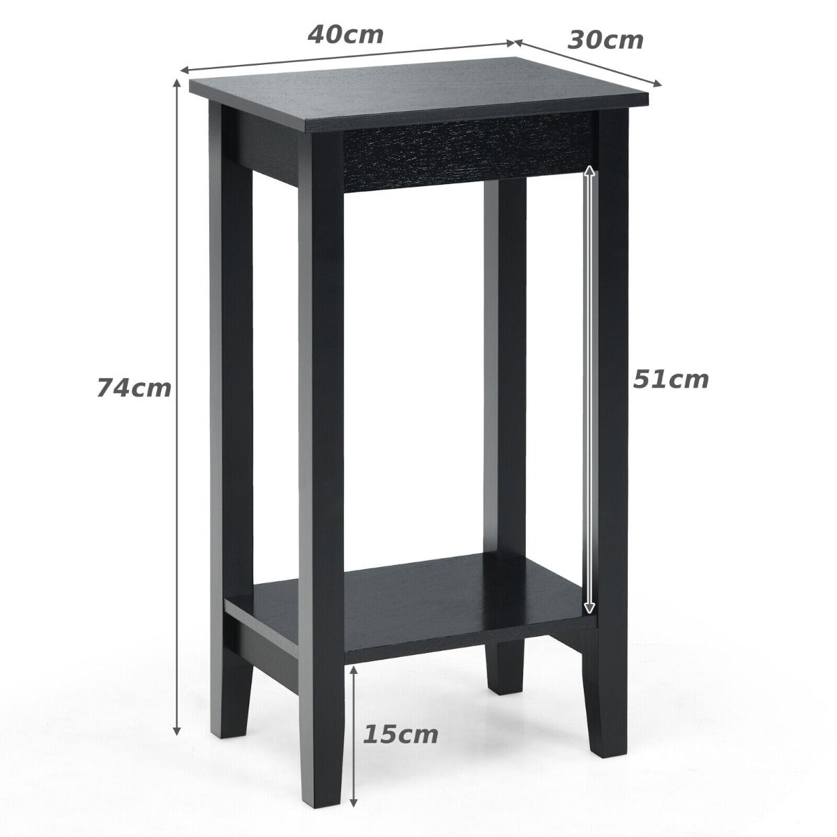 2 Piece Versatile Wooden Narrow End Table with 2-Tier Storage Shelves-Black