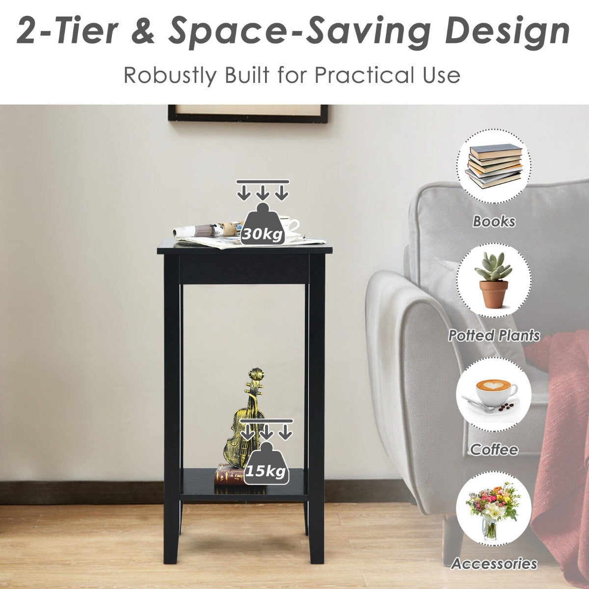 2 Piece Versatile Wooden Narrow End Table with 2-Tier Storage Shelves-Black