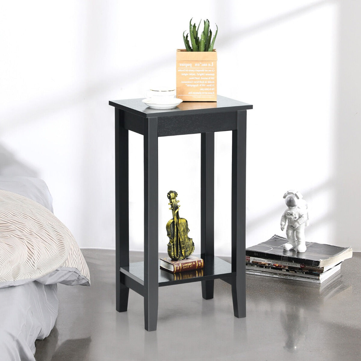 2 Piece Versatile Wooden Narrow End Table with 2-Tier Storage Shelves-Black