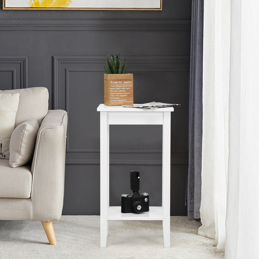 2 Piece Versatile Wooden Narrow End Table with 2-Tier Storage Shelves-White