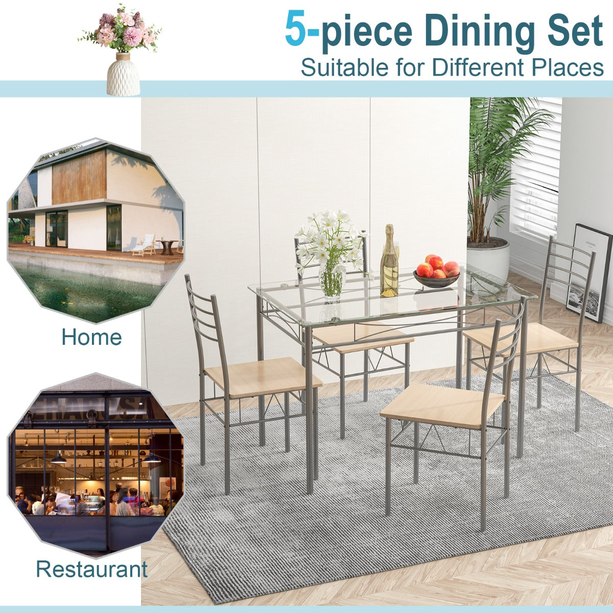 5 Piece Metal Kitchen Dining Table and Chair Set for Bar Restaurant