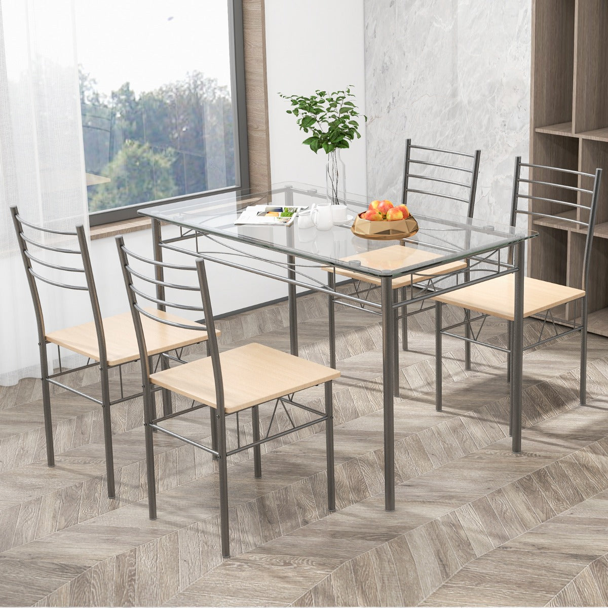 5 Piece Metal Kitchen Dining Table and Chair Set for Bar Restaurant