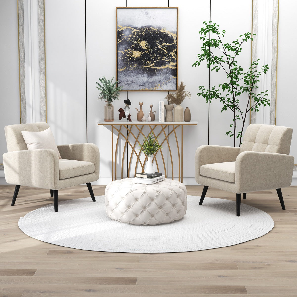 Mid-Century Modern Upholstered Accent Chair with Rubber Wood Legs-Beige