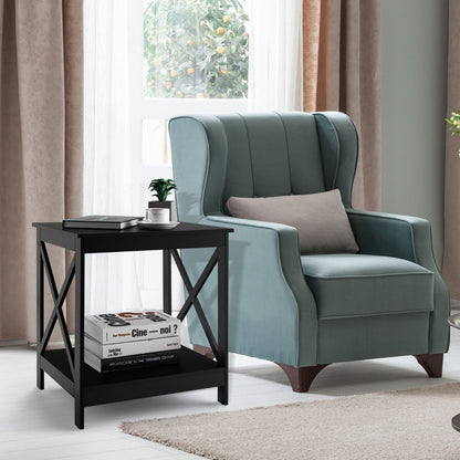 2-Tier Modern Wooden X-Shaped Bedside Table for Living Room Bedroom Office-Black