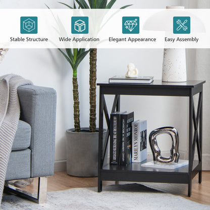 2-Tier Modern Wooden X-Shaped Bedside Table for Living Room Bedroom Office-Coffee