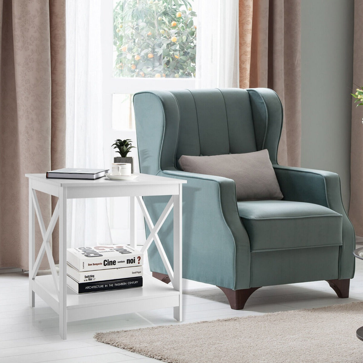 2-Tier Modern Wooden X-Shaped Bedside Table for Living Room Bedroom Office-White