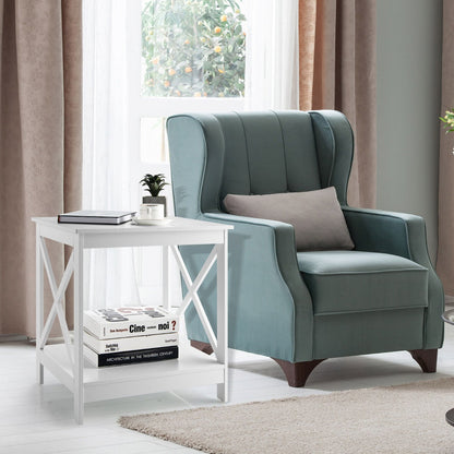 2-Tier Modern Wooden X-Shaped Bedside Table for Living Room Bedroom Office-White