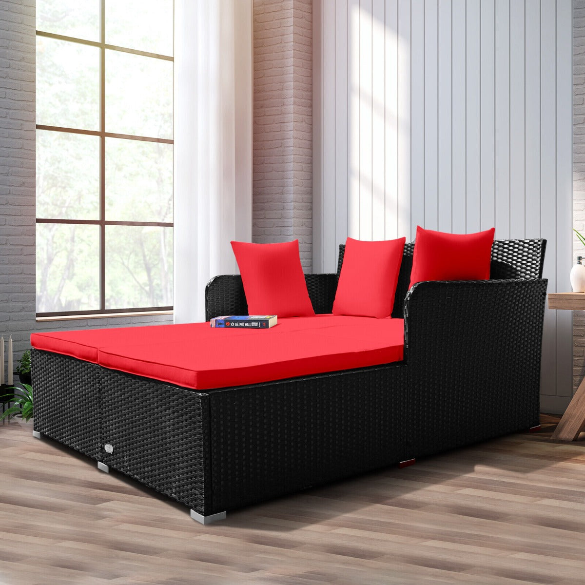 Rattan Garden 2 Seater Daybed Furniture Set  with Cushions-Red
