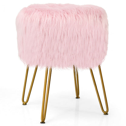 Furry Faux Fur Footrest with Gold Metal Legs and Pads-Pink