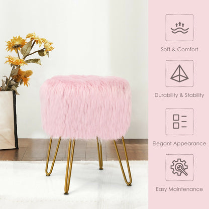 Furry Faux Fur Footrest with Gold Metal Legs and Pads-Pink