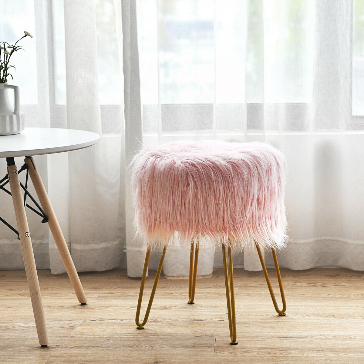 Furry Faux Fur Footrest with Gold Metal Legs and Pads-Pink