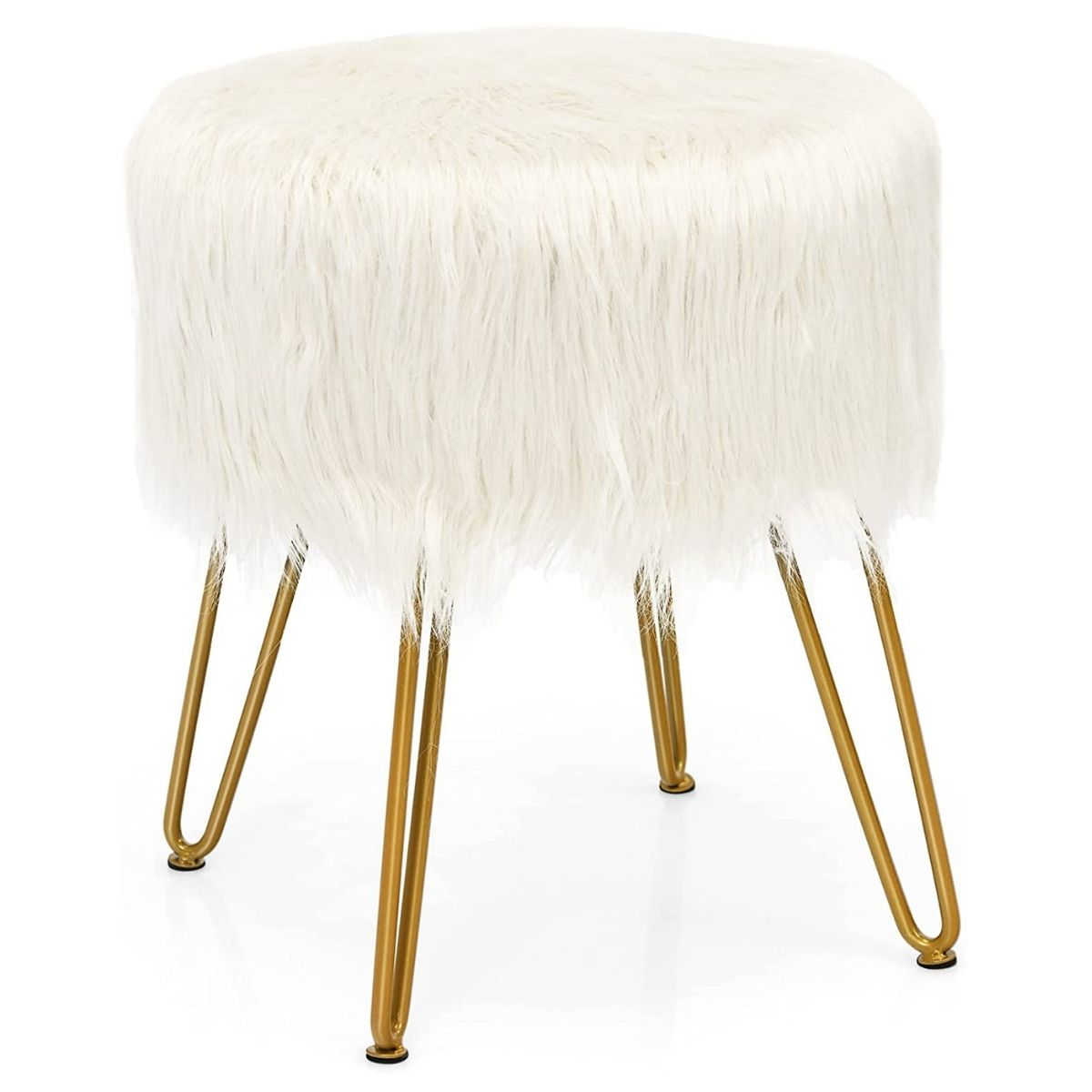 Furry Faux Fur Footrest with Gold Metal Legs and Pads-White