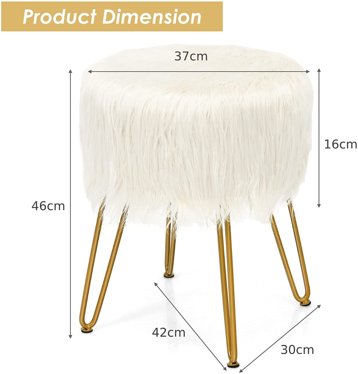 Furry Faux Fur Footrest with Gold Metal Legs and Pads-White
