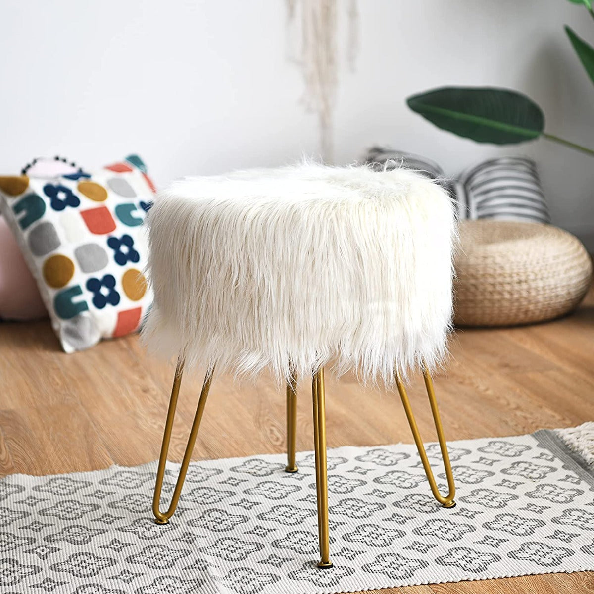 Furry Faux Fur Footrest with Gold Metal Legs and Pads-White