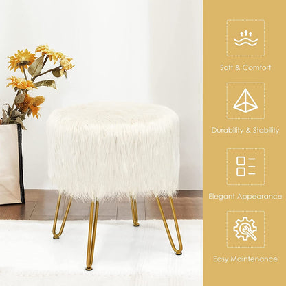 Furry Faux Fur Footrest with Gold Metal Legs and Pads-White