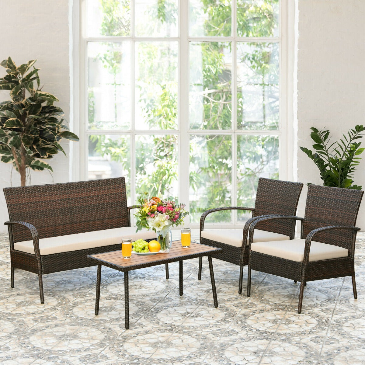 4 Piece Rattan Furniture Set with Cushioned Chairs and Loveseat