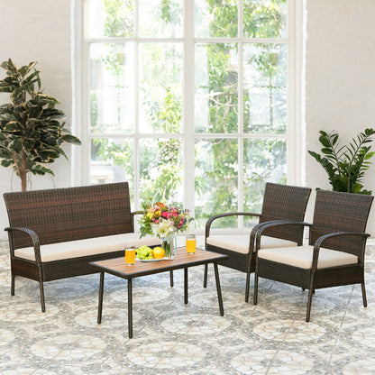 4 Piece Rattan Furniture Set with Cushioned Chairs and Loveseat