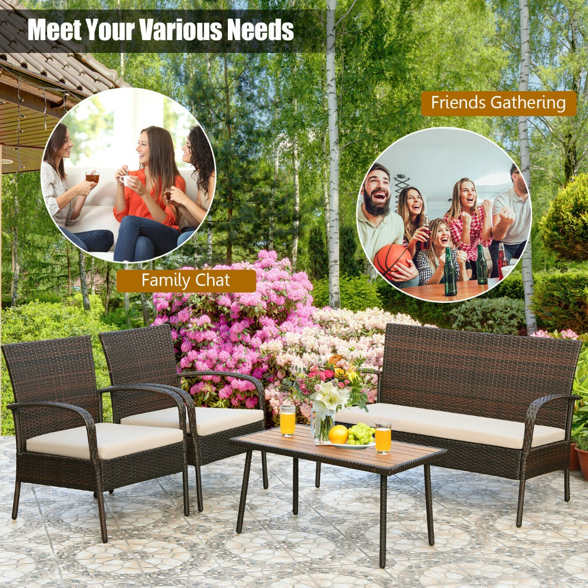 4 Piece Rattan Furniture Set with Cushioned Chairs and Loveseat