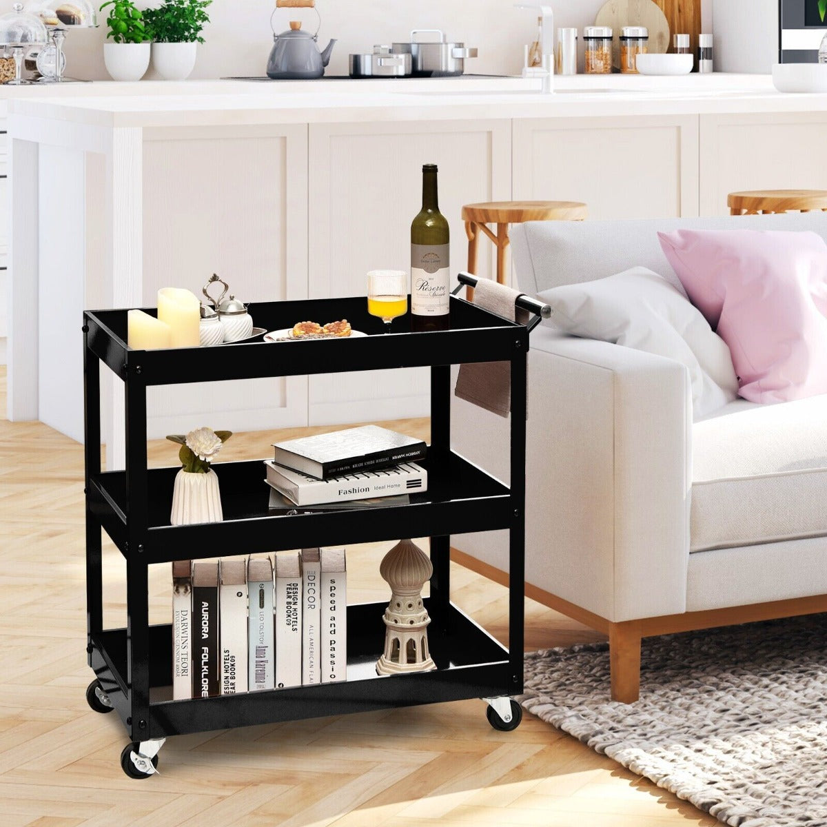 3-Tier Tool Trolley with Lockable Wheels for Garage Restaurant-Black
